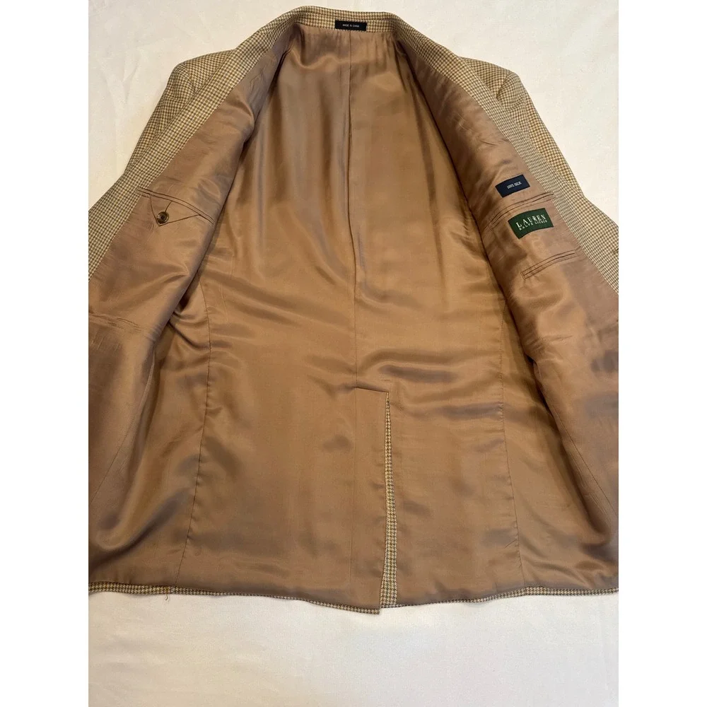 Lauren Ralph Lauren Mens 44R Houndstooth Silk Lined Sport Coat Blazer Tan Brown - Picture 7 of 8